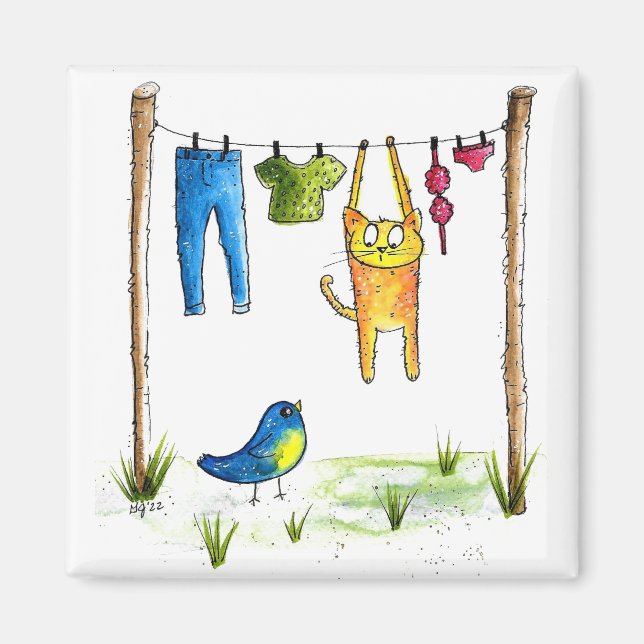 Aimant Chat Whimsical sur une ligne de linge (Devant)