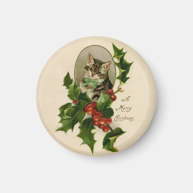 Aimant Chaton de Noël victorien au houx antique tabby (Devant)