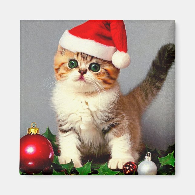 Aimant Chaton de Noël Vintage à Santa Hat (Devant)