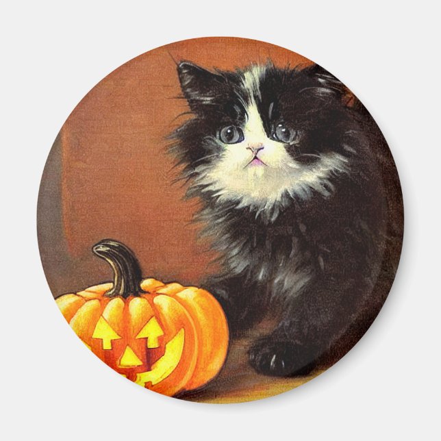 Aimant Chaton d'Halloween noir et blanc vintage (Devant)