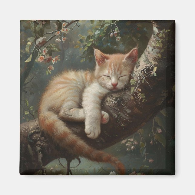 Aimant Chaton dormant dans un arbre Vintage (Devant)