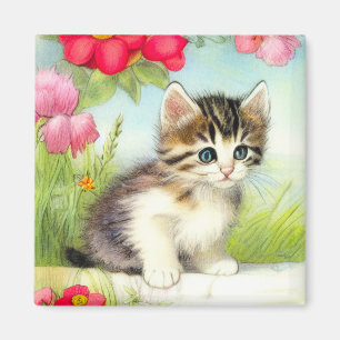 Aimant Chaton vintage blanc et Brown avec fleurs