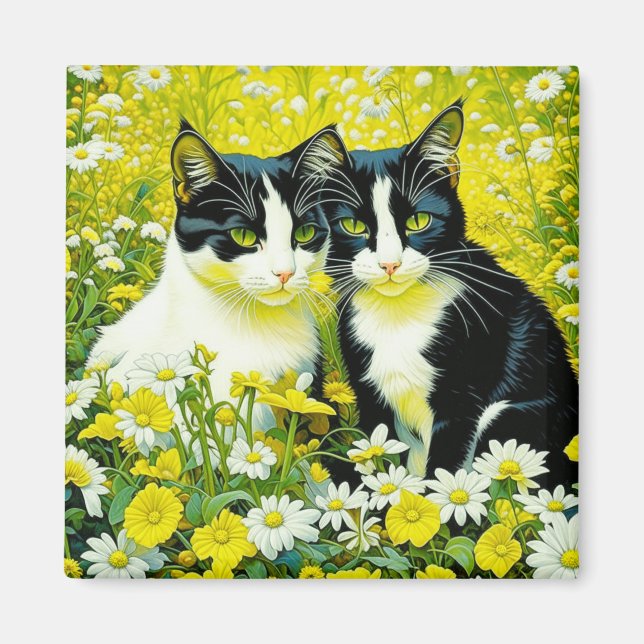 Aimant Chats adorables assis dans un champ de marguerites (Devant)
