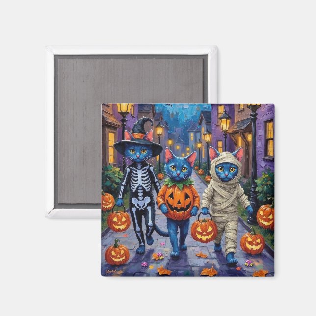 Aimant Chats Bleus Russes en Costumes d'Halloween (Recto/Verso)