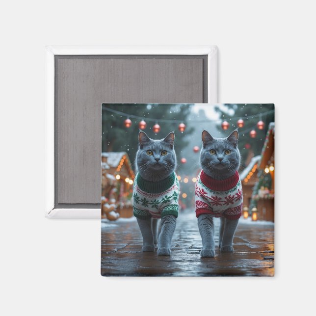 Aimant Chats Bleus Russes Noël Neige Fêtes  (Recto/Verso)