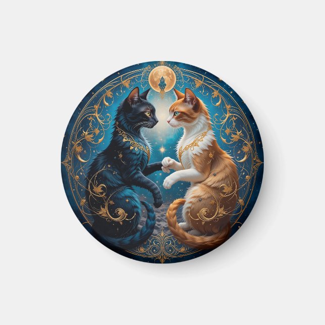 Aimant Chats célestes dans l'art cosmique avec or et bleu (Devant)