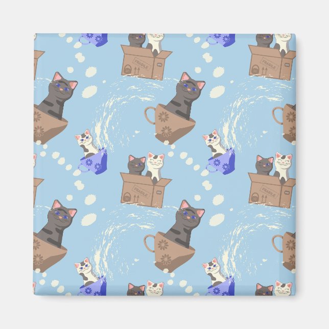 Aimant Chats en boîte et gouttes de lait sur bleu (Devant)