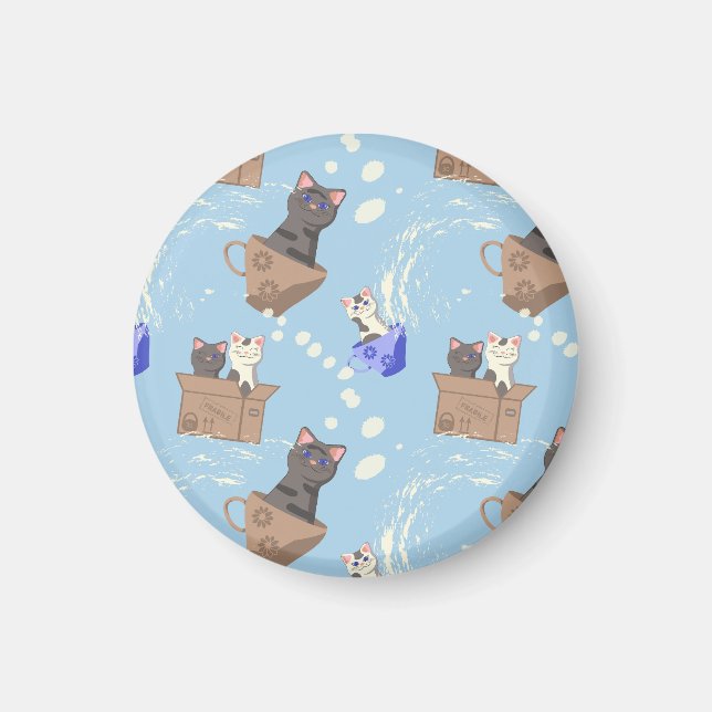 Aimant Chats en boîte et gouttes de lait sur bleu (Devant)