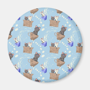 Aimant Chats en boîte et gouttes de lait sur bleu