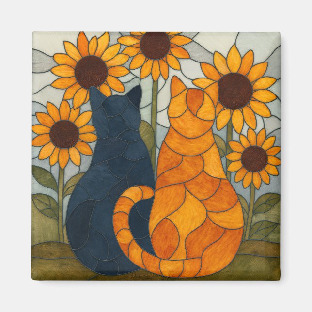 Aimant Chats en vitrail et conception d'art de tournesols (Devant)