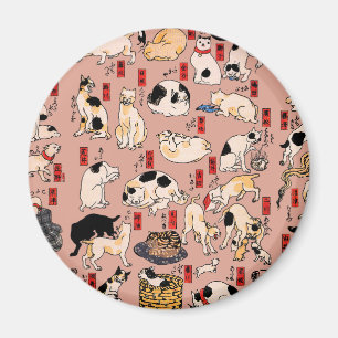 Aimant Chats japonais sur bois ukiyo-e Vintage Kitty