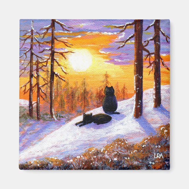 Aimant Chats noirs d'hiver Forêt de neige Créationarts (Devant)