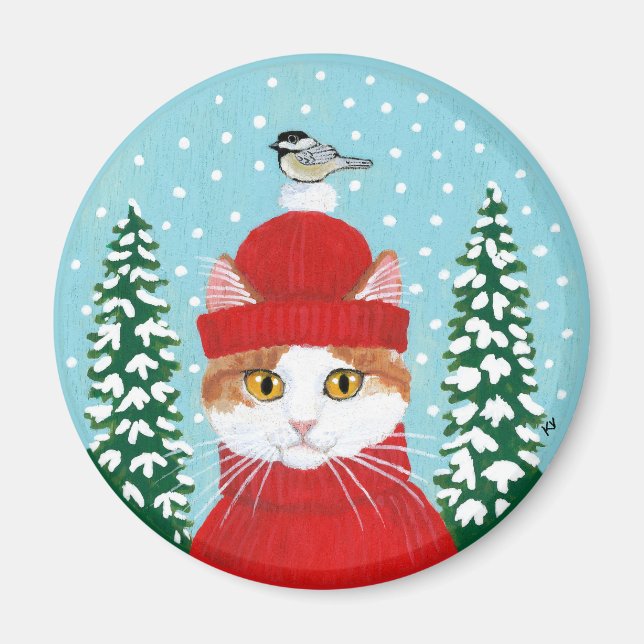 Aimant Chatte mignonne, oiseau neige d'hiver de Noël (Devant)