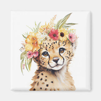 Aimant Cheetah Flower Crown Art Aquarelle Safari Wild