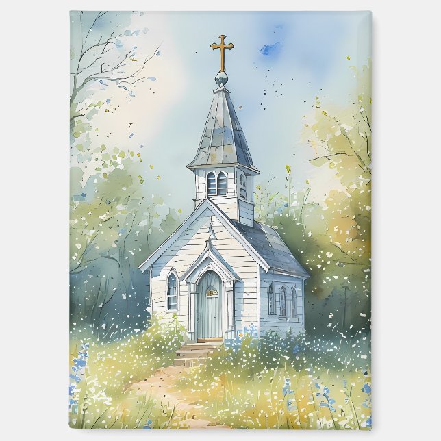 Aimant Chemin rustique d'église dans une prairie de fleur (Recto)