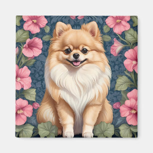 Aimant Cher Chien Poméranien Avec Pétunias Rose