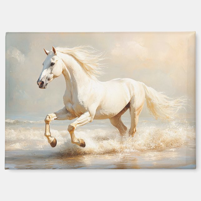 Aimant Cheval Blanc courir sur la plage (Recto)