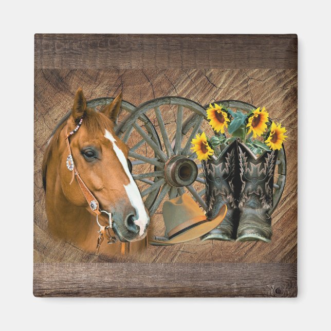 Aimant Cheval Cowboy Boots Wagon Wheels Sunflowers Wester (Devant)