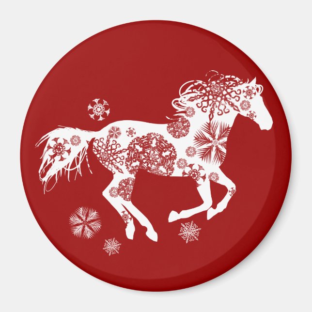 Aimant Cheval de Noël aux flocons rouges et blancs (Devant)