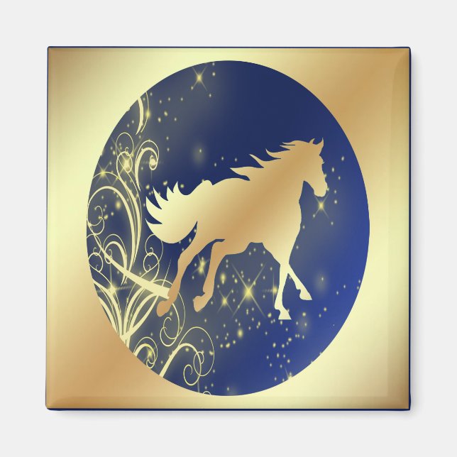 Aimant Cheval d'or avec accents d'or sur le bleu et l'or (Devant)