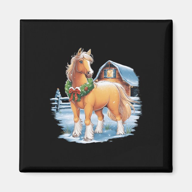 Aimant Cheval Festif Avec Wreath Sur La Scène Neige (Devant)