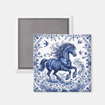 Cheval frison de style Delft Delftware dans un pré
