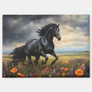 Aimant Cheval frison galopant dans les fleurs sauvages