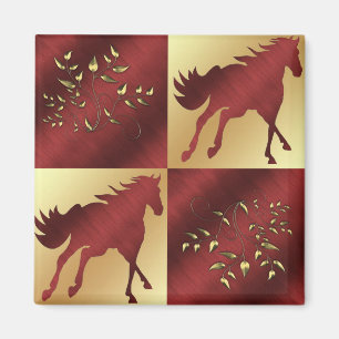 Aimant Cheval Maroon et or avec Feuilles d'or