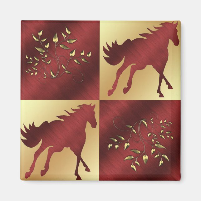 Aimant Cheval Maroon et or avec Feuilles d'or (Devant)