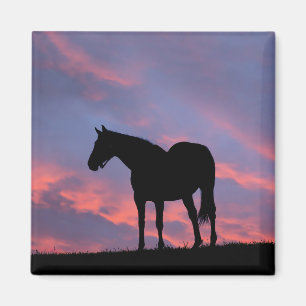 Aimant Cheval Pur-Sang Silhouetté au Lever du Soleil