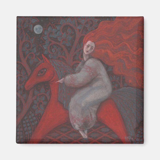 Aimant "Cheval Rouge", femme gingembre, art folklorique,  (Devant)