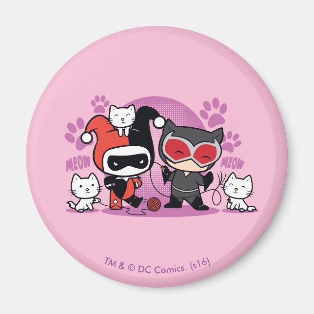 Aimant Chibi Harley Quinn & Chibi Catwoman Avec Chats (Devant)