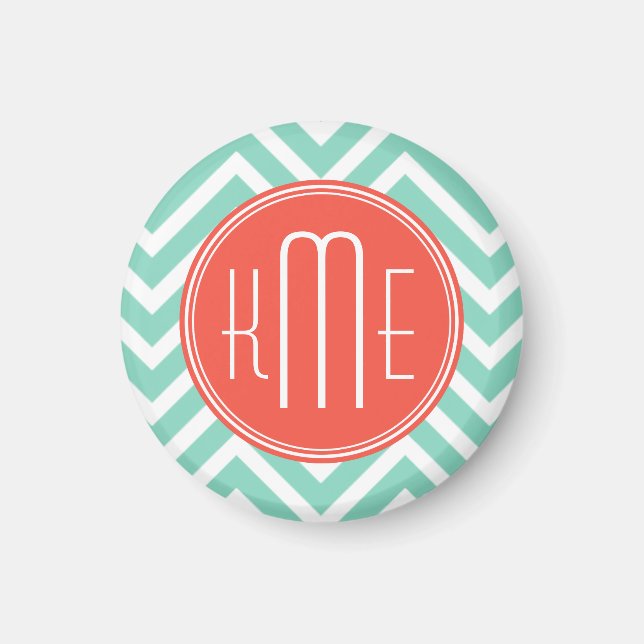Aimant Chic Aqua Green Chevron et Orange Custom Monogram (Devant)