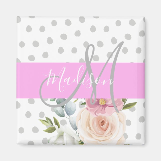 Aimant Chic & Féminin Floral Blanc Rose Gris Monogramme N (Devant)