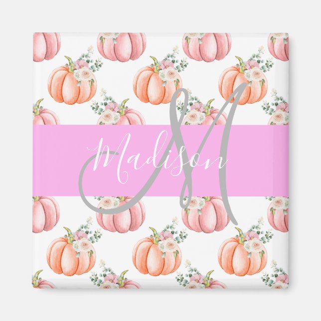Aimant Chic Fleur Blanche Rose Pêche Citrouille Monogramm (Devant)