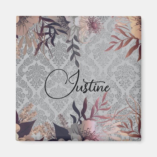 Aimant Chic Floral Argent Damask Personnalisé (Devant)