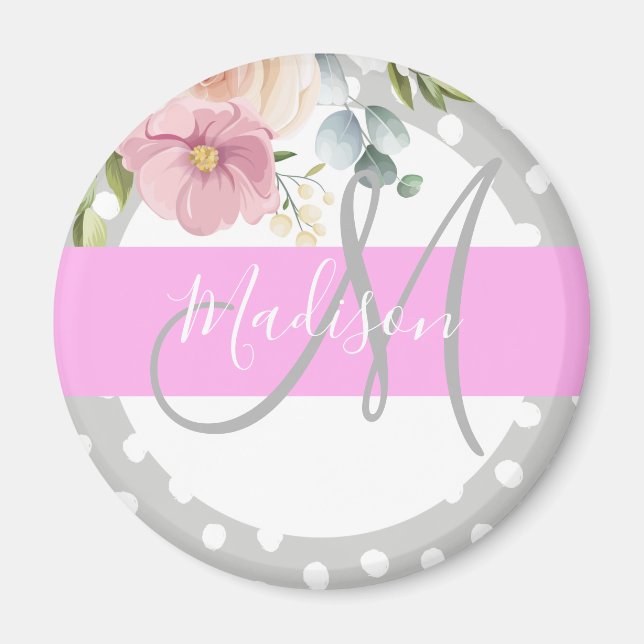 Aimant Chic & Girly Floral Blanc Rose Gris Monogram Nom (Devant)