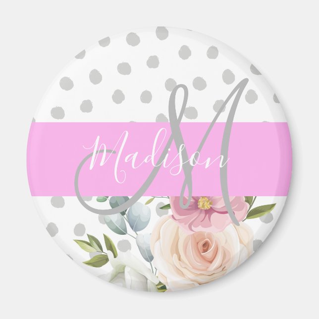 Aimant Chic & Girly Floral Blanc Rose Gris Monogram Nom (Devant)