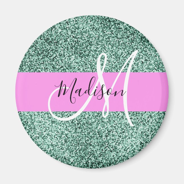 Aimant Chic Glam Rose Vert Paillettes Étincelle Monogramm (Devant)