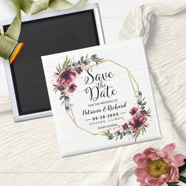 Aimant Chic Rustique Mariage Fleurs Bourgogne Enregistrer (Créateur téléchargé)