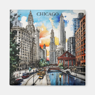 Aimant Chicago Skyline Aquarelle – Voyage dans la ville v