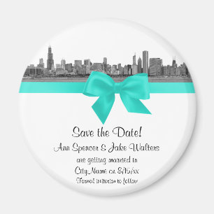 Aimant Chicago Skyline Etched BW Aqua Enregistrer la date