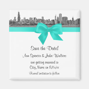 Aimant Chicago Skyline Gravé BW Aqua Save the Date