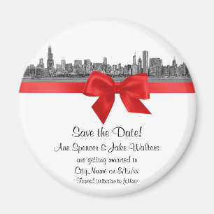 Aimant Chicago Skyline Gravé BW Rouge Enregistrer la Date