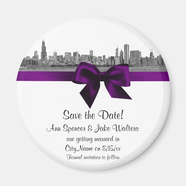 Aimant Chicago Skyline Gravé BW Violet Enregistrer la Dat (Devant)