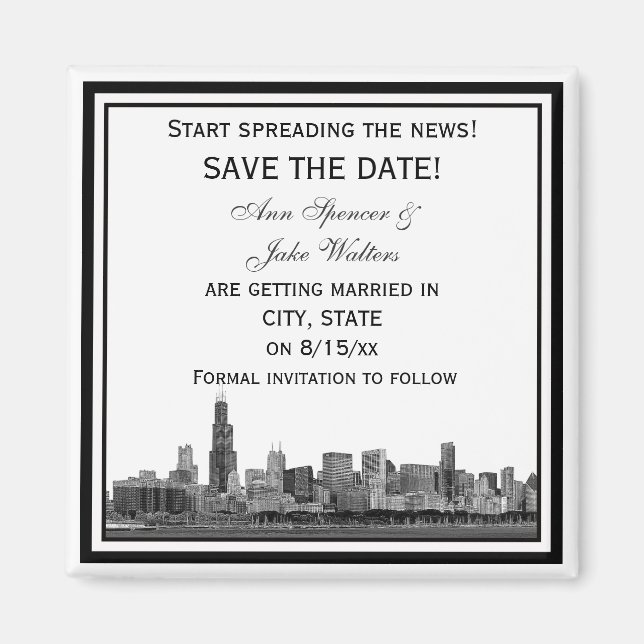 Aimant Chicago Skyline Gravé Cadre Save the Date (Devant)