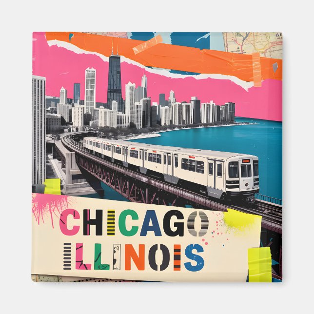 Aimant Chicago Skyline Train Collage Pop Art Rétro Voyage (Devant)