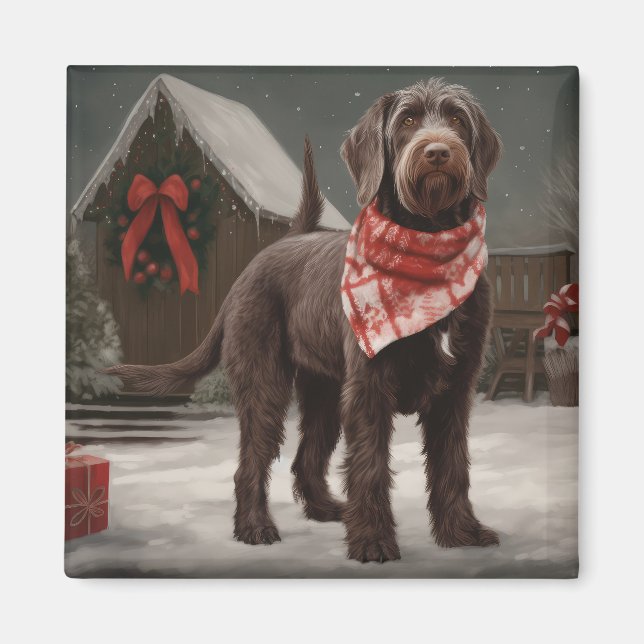 Aimant Chien à pointes à poils durs à Noël de neige (Devant)