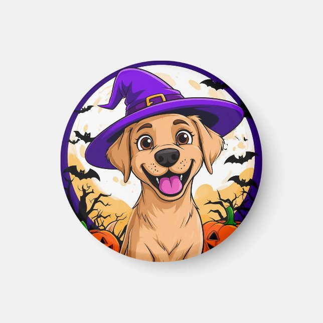 Aimant Chien adorable avec un chapeau de sorcière (Devant)