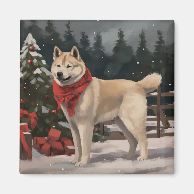Aimant Chien Akita dans la neige de Noël (Devant)